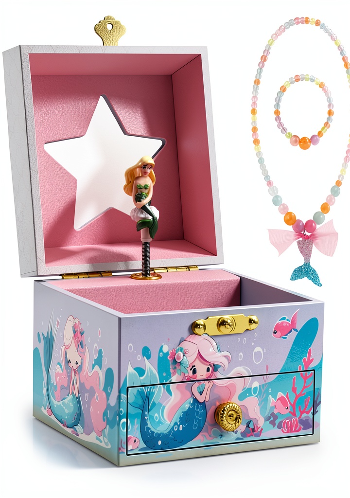 RR ROUND RICH DESIGN Children's Jewelry Box Cute Mermaid