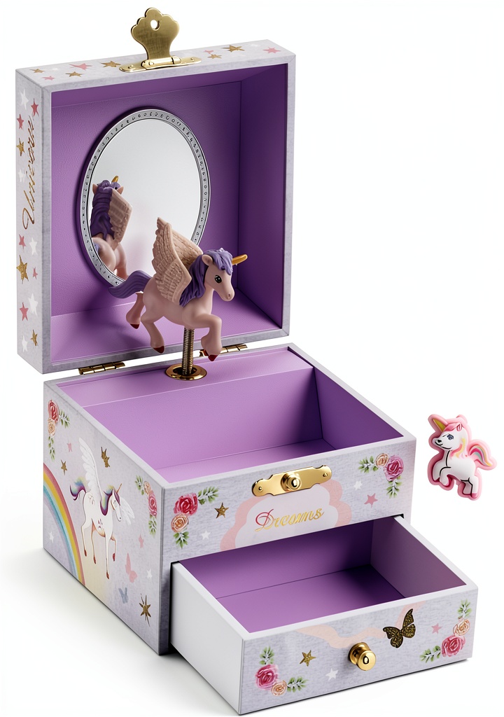 Child opening a unicorn jewelry box on a bedroom table